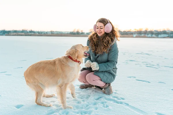 一只金黄色的大猎犬在冬季冰河的背景下给它的主人一只爪子 冬天的白色风景 阳光灿烂的天气友谊 宠物和人类 — 图库照片