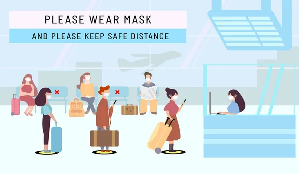 Yeni normal seyahat. Koruyucu tıbbi maskeler takan ve havaalanından uzak duran yolcular. Turistler yaz tatiline, seyahate ya da seyahate çıkıyorlar. Bagajları ya da bagajları olan kadın ve erkek..