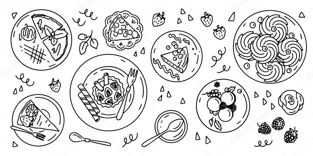  Line art sliced cake and cupcakes hand drawn outline illustration collection set. Ink flat, design doodle sketches