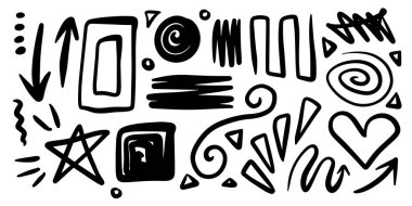 A collection of black doodle lines and abstract random icons on an isolated background.