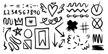 A collection of black doodle lines and abstract random icons on an isolated background.