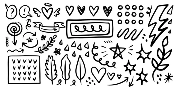 A collection of black doodle lines and abstract random icons on an isolated background. — Vetor de Stock