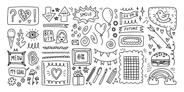 Doodle hand drawn set. Creative abstract sketch outline elements. For diary, planner — Vetor de Stock