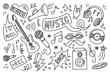 Music outline doodle set. Isolated elements 