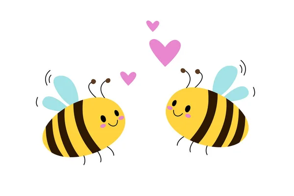 Roztomilý včelí karikatura a symbol srdce na bílém pozadí — Stockový vektor