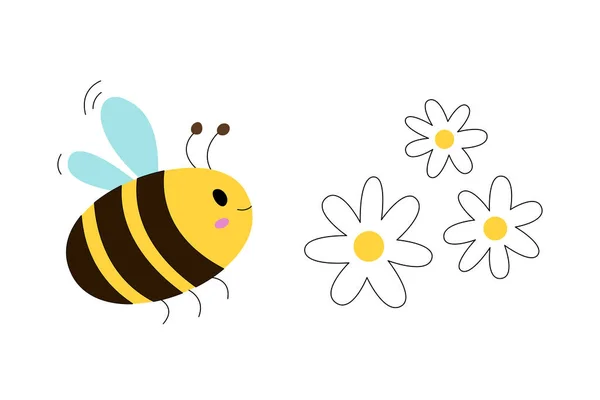 Cartoon μέλισσα με λουλούδια. Μεμονωμένη χαριτωμένη απεικόνιση. — Διανυσματικό Αρχείο