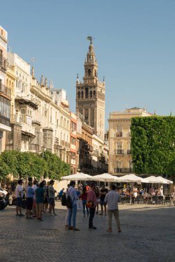 Plaza Nueva Meydanı 'nda Sevilla (Endülüs, İspanya) Giralda manzaralı bir grup insan. Şehrin tarihi binalarıyla çevrili bir barın önünde duran insanlar..