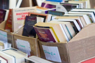 Used or second-hand books in cardboard boxes for sale at a flea market.