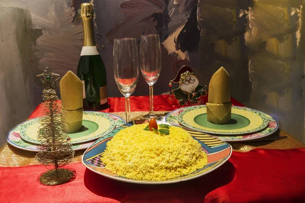 Yellow Salad Mimosa Tuna Christmas New Years Table — Fotografia de Stock