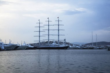 Three-deck ship mast in the port of Paleo Faliro. Winter. Athens, Greece.