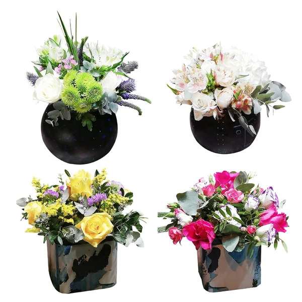 Çiçekçilik. Beyaz arka planda dört buket çiçek.