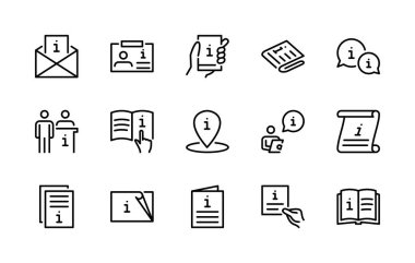 INFO vektör doğrusal simgeleri ayarlandı. İş Bilgileri Referans, talimat, kullanma kılavuzu, kural, bilgilendirme, bilgi merkezi ve daha fazlası. Beyaz arkaplan üzerindeki web siteleri için izole bilgi ikonu koleksiyonu.