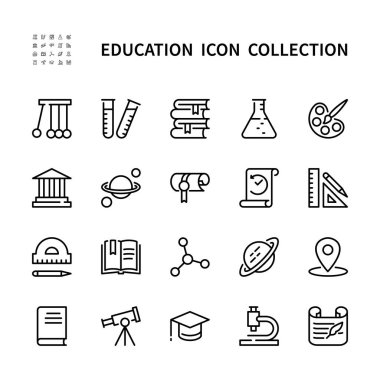 Bilim ve eğitim vektörü doğrusal simgeleri. Matematik, tarih, coğrafya, fizik, biyoloji, astronomi, edebiyat, kimya ve daha fazlası. Eğitimin vektör sembol kümesi beyaz altyapı.