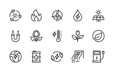Eko enerji vektörü doğrusal simgeleri ayarlandı. Doğal enerji ikonu. Güneşin enerjisi, rüzgar, su, ateş ve daha fazlası. Web sitesi ve cep telefonu için izole edilmiş ekolojik temiz enerji koleksiyonu.