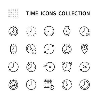 Zaman ve saat vektör doğrusal simgeleri ayarlandı. Zaman yönetimi. Alarm, kol saati, zamanlayıcı, hız, nokta, iyileşme, ok, saat, takvim ve daha fazlası. Beyaz arkaplanda izole zaman simgesi koleksiyonu.