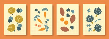 Abstract still life depicting vegetables on a colored background in pastel colors. Collection of contemporary art. Vector set of vegetables cabbage, artichoke, batat, parsnip for social media.