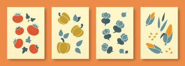 Renkli arka planda rengarenk renkte sebzeleri resmeden soyut bir vektör. Çağdaş sanat koleksiyonu. Sebze, domates, biber, şalgam, sosyal medya için mısır..