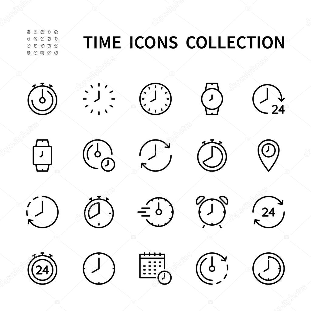 Time and clock vector linear icons set. Time management. Alarm, wristwatch, timer, speed, period, recovery, arrow, watch, calendar and more. Isolated time icon collection on white background.