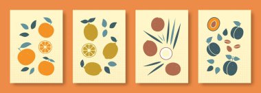 Taşıyıcı illüstrasyon, pastel renklerde meyvelerin soyut yaşamı. Çağdaş sanat koleksiyonu. Sosyal medya, posterler, kartpostallar için portakallı hindistan cevizi erik limonu..