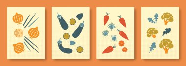 Vektör illüstrasyonu, sebzelerin pastel renklerdeki soyut yaşamı. Çağdaş sanat koleksiyonu. Sosyal medya, posterler, kartpostallar için soğan patlıcan brokoli seti..