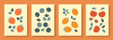 Taşıyıcı illüstrasyon, pastel renkli böğürtlenlerin soyut yaşamı. Çağdaş sanat koleksiyonu. Böğürtlen, kuşüzümü, böğürtlen, sosyal medya için kiraz, kartpostallar..