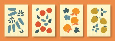 Taşıyıcı illüstrasyon, pastel renkli böğürtlenlerin soyut yaşamı. Çağdaş sanat koleksiyonu. Böğürtlen seti, kuş vişne, dut, sosyal medya için böğürtlen, posterler.