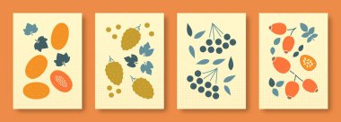 Taşıyıcı illüstrasyon, pastel renkli böğürtlenlerin soyut yaşamı. Çağdaş sanat koleksiyonu. Karpuz, üzüm, mürver, sosyal medya için yaban mersini, kartpostallar, posterler..