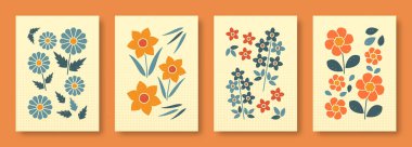 Vektör illüstrasyonu, pastel renklerdeki çiçeklerin soyut yaşamı. Çağdaş sanat koleksiyonu. Sosyal medya, posterler, kartpostallar için papatya çiçeği, narsisli Delphinium gardenya seti..