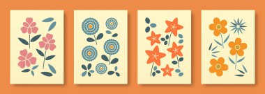Vektör illüstrasyonu, pastel renklerdeki çiçeklerin soyut yaşamı. Çağdaş sanat koleksiyonu. Çiçeklerin vektör seti alstroemeria aster açelya sosyal medya, posterler, kartpostallar için düğün çiçeği.