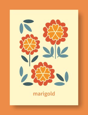 Kadife çiçeğinin pastel renklerdeki soyut yaşamı. Modern sanat koleksiyonu. Sosyal medya, kartlar, mobil konsept, posterler ve web tasarımı için Marigold çiçek vektörü. Vektör illüstrasyonu.