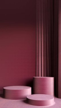 Eflatun arka planda üç güzel podyumun üç boyutlu çizimi. Kozmetik ürünlerini göstermeye hazır olun. Stüdyo magenta podyumunda sahne gösterisi.