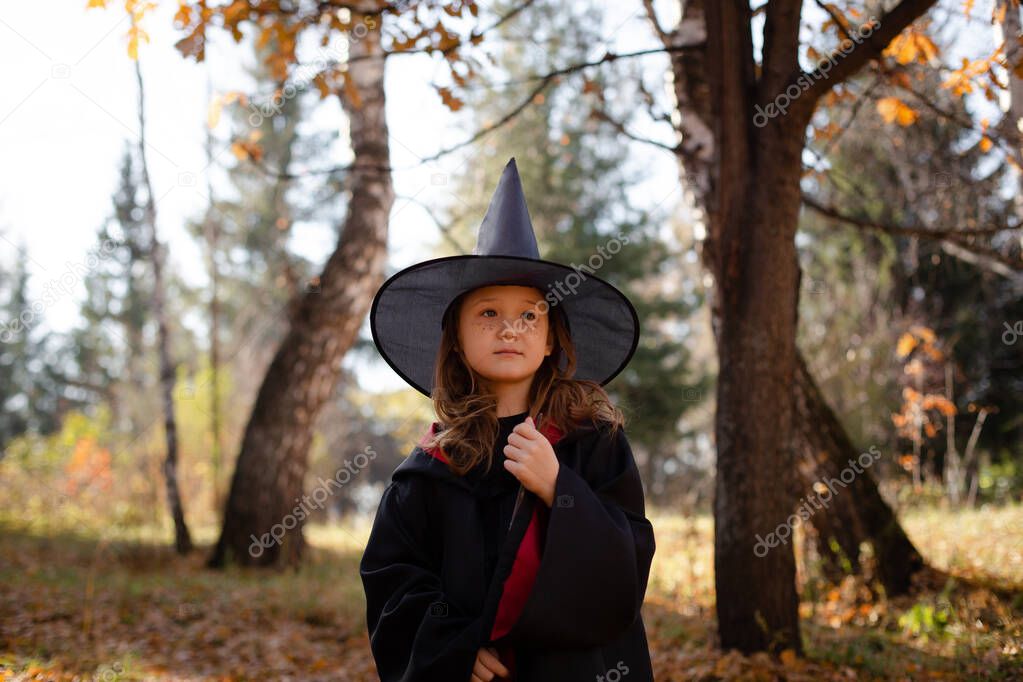 Girl in costume of witch in autumn forest. Girl in hat and black Hogwarts mantle, halloween postcard.