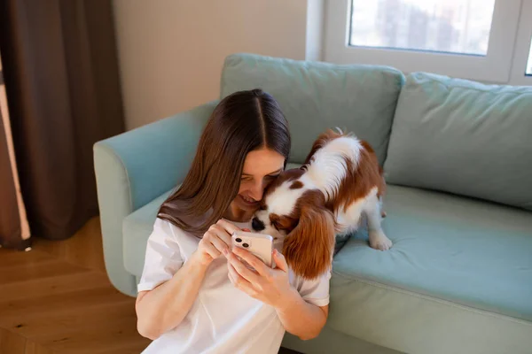 Junge Frau Die Hause Mit Hund Und Telefon Des Cavalier — Stockfoto