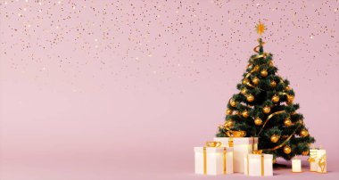 Noel ağacı, beyaz hediye kutuları, mumlar ve pembe arka planda altın yıldızlar. Pembe Noel kartpostalı..