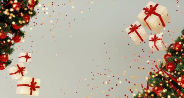 Yeşil köknar dalları, kırmızı kurdeleli beyaz hediye kutuları, konfeti, kırmızı toplar ve altın kar taneleri. Kopya alanı olan Noel ve Yeni Yıl tebrik kartı.