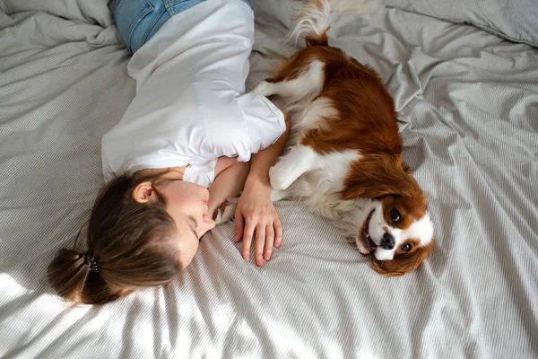 Junge Frau Die Hause Mit Dem Hund Cavalier King Charles — Stockfoto