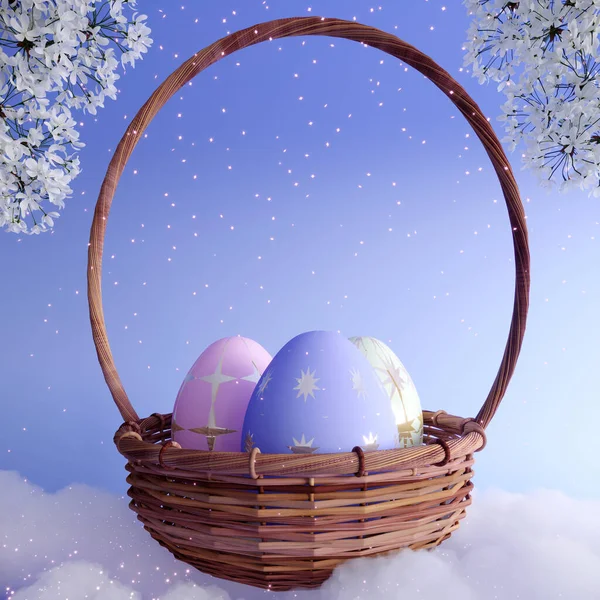 3d render kék húsvéti poszter kosár, tojás és virágok. — Stock Fotó