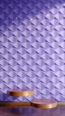 Menekşe arkaplanda iki ahşap podyumun 3D canlandırması.