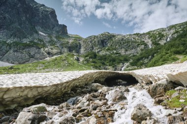 Melting glacier or snow field and mountain seething river landscape.