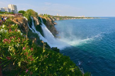 Lower Duden Waterfall in Antalya, Turkey. A beautiful landscape of waterfall, sea and city