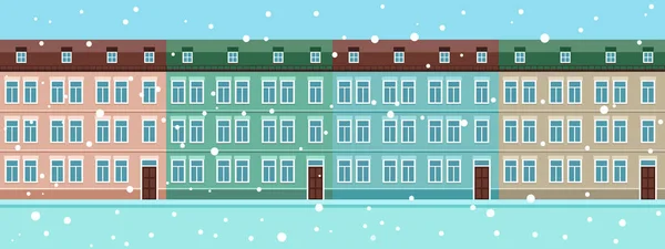 Vector Platte Illustratie Winter Straat Met Moderne Huizen Sneeuw Gevels — Stockvector