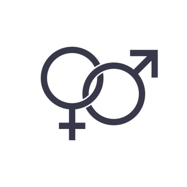 Vektör çizimi, Mars ve Venüs işaretleri. Birbirine dolanmış semboller. Beyaz arka planda koyu renk bir siluet. Logo, dövme..