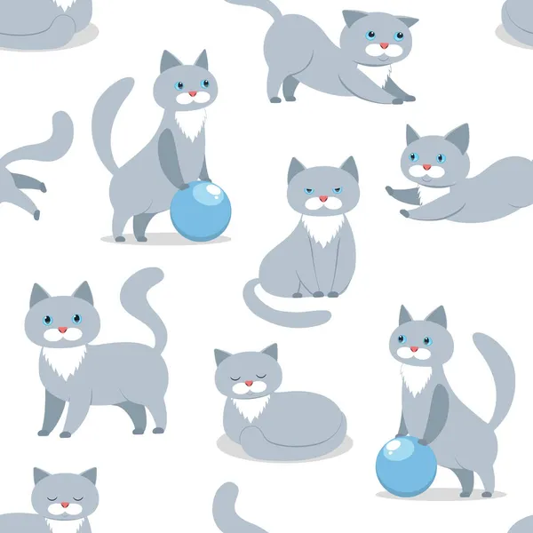 Seamless Pattern Grey Cat Vector Illustration Pet White Background — Stock Vector