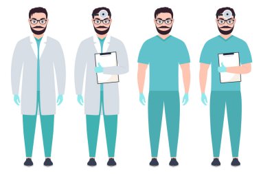 Uzun boylu, vektör illüstrasyonlu genç bir doktor, beyaz bir geçmişi olan tıp hemşiresi..