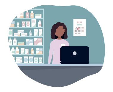 Veteriner kliniğinde satış elemanı, vektör düz çizim, evcil hayvanlar için eczane, beyaz bir arka planda izole edilmiş..