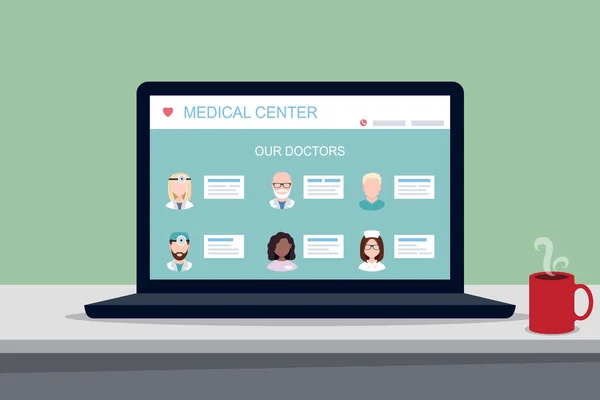 Dizüstü bilgisayardaki bir tıp merkezinin web sitesi, vektör düz çizim, doktorlar ve sağlık çalışanlarının portreleri