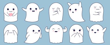 Çocuklar için sevimli, mutlu hayaletler, ürkütücü karakterler. Sihirli korkunç ruhlar, farklı duyguları ve yüz ifadeleri olan komik hayaletler. İzole vektör illüstrasyonu.