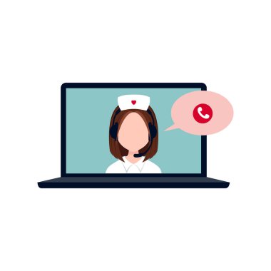 Dizüstü bilgisayardaki kadın sevk memuru, vektör illüstrasyonu, online danışma, destek, randevu, ambulans. 