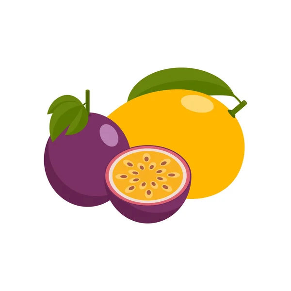 Mango ve tutku meyvesi. Beyaz arka planda izole tropikal meyveler. vektör illüstrasyonu.