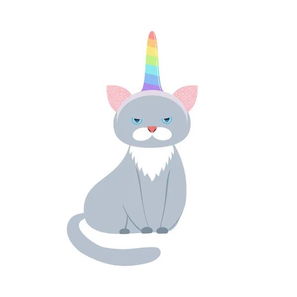 Disgruntled Cat Hoop Ears Unicorn Horn Vector Illustration Pet Festive — Stock Vector